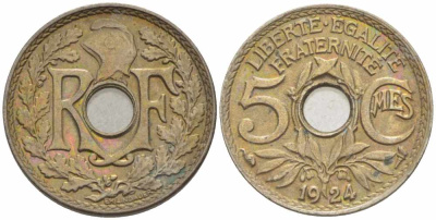 ФРАНЦИЯ 5 САНТИМОВ 1924 ТИП ЛИНДАЙЁ KM 875, LE FRANC 122.8 медно-никель 4379-319