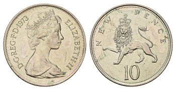 Великобритания 10 новых пенсов 1973 Елизавета II (1952-2022) KM 912, Spink 4231 (F1) медно-никель 4140-536