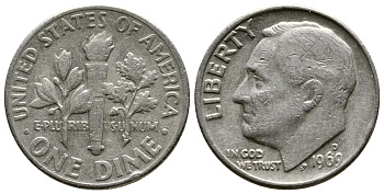 США 10 ЦЕНТОВ = 1 ДАЙМ 1969 D, РУЗВЕЛЬТ KM 195а медь плакированная медно-никелем 37-233