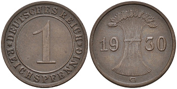 Германия 1 рейхспфенниг 1930 G KM 37, J.313, Weege 2 медь 4585-619