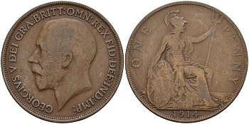 Великобритания 1 пенни 1914 Георг V (1910-1936) KM 810, Spink 4051 бронза 4144-442