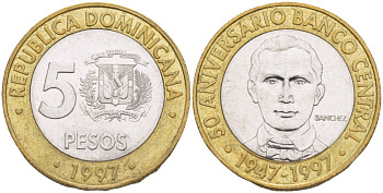 Доминиканская республика 5 песо 1997 50 лет центральному банку KM 88 биметалл 4541-1111