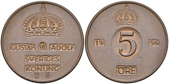 Швеция 5 эре 1956 TS, Густав VI Адольф (1950-1973) KM 822 бронза 4557-745