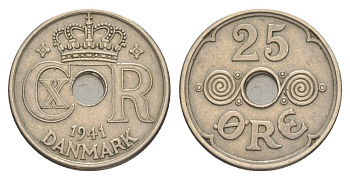 Фарерские острова 25 эре 1941 Кристиан X (1912-1947), датские территории KM 5 медно-никель 3711-1724