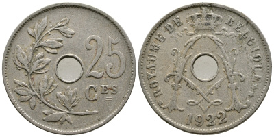 Бельгия 25 сантимов 1922 Belgique KM 68.1 медно-никель 4379-1223
