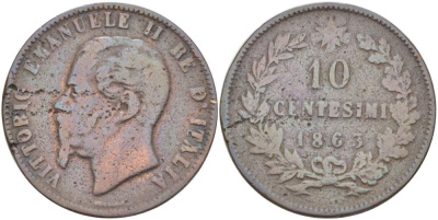 ИТАЛИЯ 10 ЧЕНТЕЗИМО 1863 МОНДВОР ПАРИЖ, ВИКТОР ЭММАНУИЛ II (1861-1878) KM 11.2 медь 4526-716