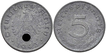 ГЕРМАНИЯ 5 РЕЙХСПФЕННИГОВ 1943 E KM 100, J. 370 цинк 105-269