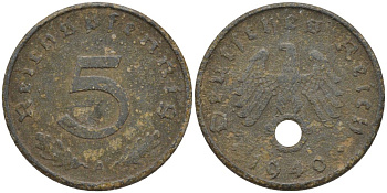 Германия 5 рейхспфеннигов 1940 А, монетный двор Берлин KM 100, J. 370 цинк 186-644