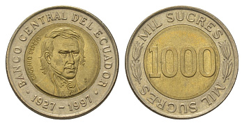 Эквадор 1000 сукре 1997 70 лет Центробанку KM 103 биметалл UNC 4626-425