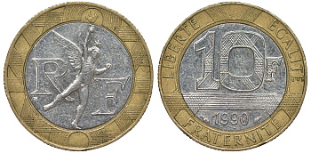 Франция 10 франков 1990 тип Гений Бастилии KM 964.1, Le Frank 375.5 биметалл 45-815