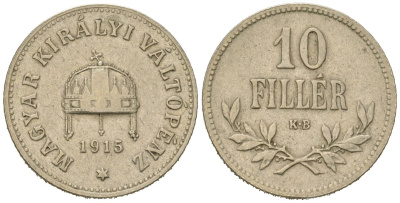 Венгрия 10 филлеров 1915 KB, Франц Иосиф I (1848-1916) KM 494 никель латунь 4615-452