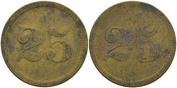 ФРАНЦИЯ 25 САНТИМОВ ND ПЛАТЕЖНЫЙ ЖЕТОН НАЧАЛА XX ВЕКА, ДВУСТОРОННИЙ, ДИАМЕТР 24 ММ. латунь 98-923