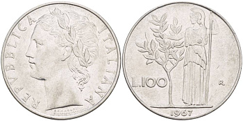 ИТАЛИЯ 100 ЛИР 1967 R, АФИНА У ОЛИВКОВОГО ДЕРЕВА KM 96.1 нержавеющая сталь 4545-636