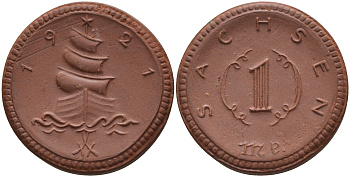 Саксония 1 марка 1921 парусник J. N 55 фарфор 1094-4-12