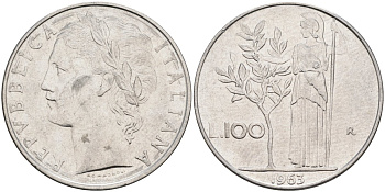 Италия 100 лир 1963 R, Афина в доспехах KM 96.1 нержавеющая сталь 81-1245