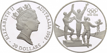 Австралия 20 долларов 1993 Олимпийские игры 1996, пьедестал, 100 лет Олимпийскому движению (1896-1996) KM 218 серебро PROOF 11-176-11
