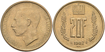 Люксембург 20 франков 1982 герцог Жан (1964-1999) KM 58 алюминиевая бронза 4150-935
