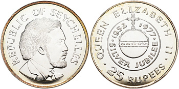Сейшельские острова 25 рупий 1977 25 лет правления (серебрянный юбилей) королевы Елизаветы II (1952-1977) KM 38 серебро BUNC 04-326-42