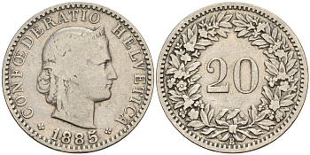 Швейцария 20 раппенов 1885 B KM 29 никель 4606-731
