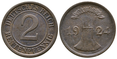 ГЕРМАНИЯ 2 РЕНТЕНПФЕННИГА 1924 A KM 31, J.307 бронза 86-954