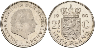 Нидерланды 2 1/2 гульдена 1980 Юлиана (1948-1980) KM 191 никель 4565-722