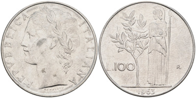 Италия 100 лир 1963 R, Афина в доспехах KM 96.1 нержавеющая сталь 4683-445
