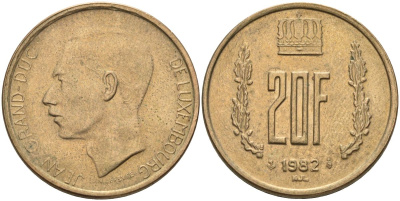 Люксембург 20 франков 1982 герцог Жан (1964-1999) KM 58 алюминиевая бронза 4150-935