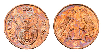 ЮАР 1 цент 2001 герб, капские воробьи KM 221 сталь плакированная медью UNC 4694-156