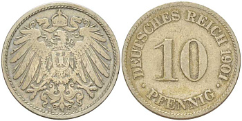 Германия 10 пфеннигов 1901 D KM 12, J. 13, Weege 8 медно-никель 259-816