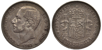 ИСПАНИЯ 1 ПЕСЕТА 1883 (83) MS-M, АЛЬФОНСО XII (1874-1885) KM 686 (Y-B76) серебро aUNC 1521-143