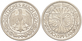 Германия 50 рейхспфеннигов 1927 A KM 49, J. 324 никель 73-142