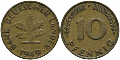 ФРГ 10 ПФЕННИГОВ 1949 F KM 103, J.378 сталь плакированная латунью 33-111