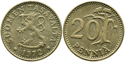 Финляндия 20 пенни 1972 S KM 47 алюминиевая бронза 4622-356