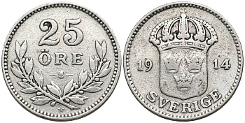 Швеция 25 эре 1914 W, Густав V (1907-1950), проба 600 KM 785 серебро 4549-1121