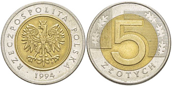 Польша 5 злотых 1994 MW KM 284 биметалл 4402-115