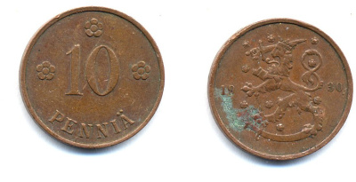 Финляндия 10 пенни 1930 республика (1918-1962) KM 24 медь 51-5327