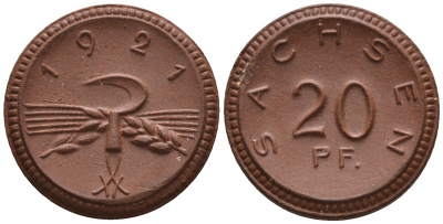 Саксония 20 пфеннигов 1921 колосья и серп J. N 53 фарфор UNC 1094-8-73
