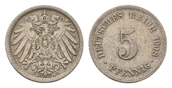 Германия 5 пфеннигов 1908 A KM 11, J. 12 медно-никель 4696-642