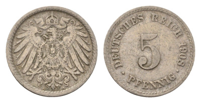 Германия 5 пфеннигов 1908 A KM 11, J. 12 медно-никель 4696-642
