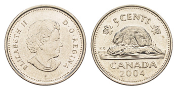 Канада 5 центов 2004 P, Елизавета II (1952-2022), бобр KM 491 сталь плакированная никелем UNC 4636-628