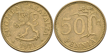 ФИНЛЯНДИЯ 50 ПЕННИ 1971 S KM 48 алюминиевая бронза 4563-424