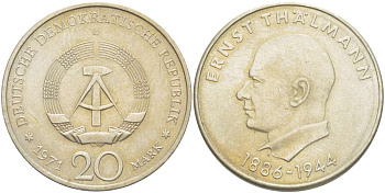 ГДР 20 марок 1971 A, 85 лет со дня рождения Эрнста Тельмана KM 34, J. 1535 медно-никель 4521-415