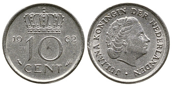 НИДЕРЛАНДЫ 10 ЦЕНТОВ 1962 ЮЛИАНА KM 182 никель 4385-633