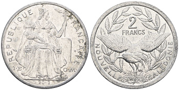 Французская Новая Каледония 2 франка 2012 птица кагу, (IEOM) KM 14, Schoen 11 алюминий    29-614