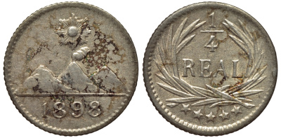 Гватемала 1/4 реала 1898 5 звезд, Испанское правление KM 162 серебро 4532-633