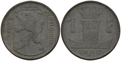 Бельгия 1 франк 1942 Belgique - Belgie, Леопольд III (1934-1947), германская оккупация, Вторая мировая война KM 127 цинк 4161-426