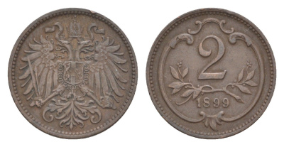 Австрия 2 геллера 1899 Франц Иосиф I (1848-1916) KM 2801 бронза 4639-1015