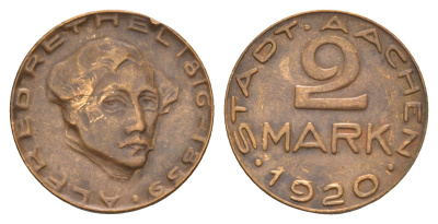 Аахен 2 марки 1920 Альфред Ретель Funck 1.17, Men05 70.63, Men18 99.63 латунь 1520-833