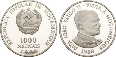 Мозамбик 1000 метикалей 1988 визит в Мозамбик папы Иоанна Павла II KM 109 a серебро  PROOF  1079-5-22