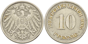 Германия 10 пфеннигов 1905 F KM 12, J. 13 медно-никель 175-215